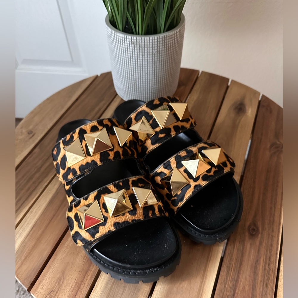 Michael Kors Women Stark Studded Leopard Print Calf Hair Slide Sandals
